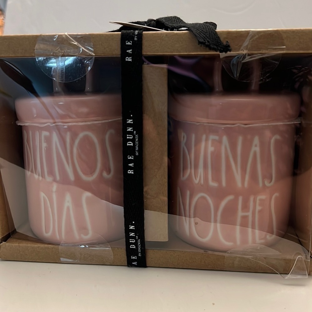 Rae Dunn New Buenos Dias Buenas Noches Ceramic Loop Lid Decor Canisters New.
